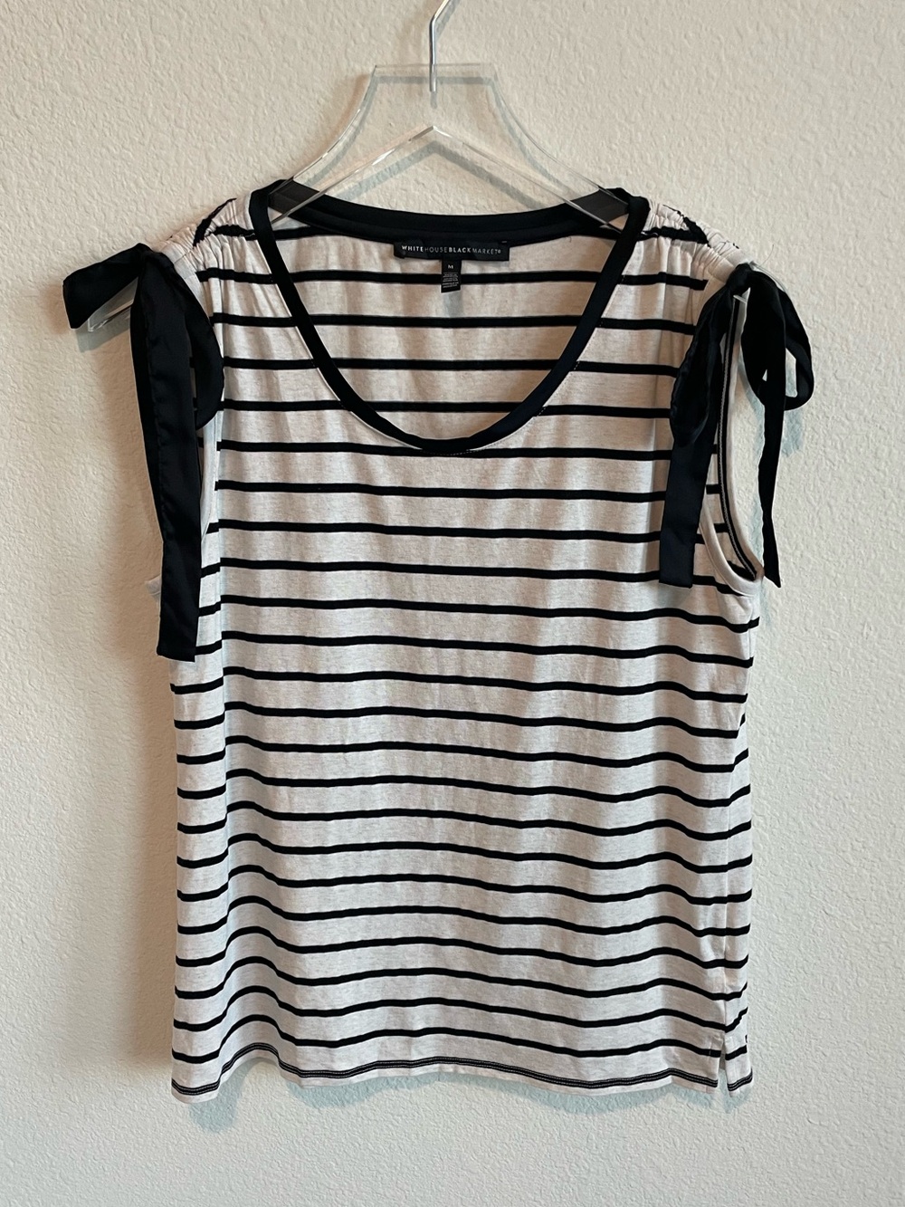 White House Black Market White & Black Striped Ribbon Bow Tied Shoulder Top